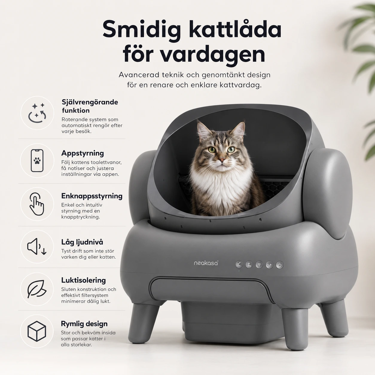 Självrengörande kattlåda med appstyrning