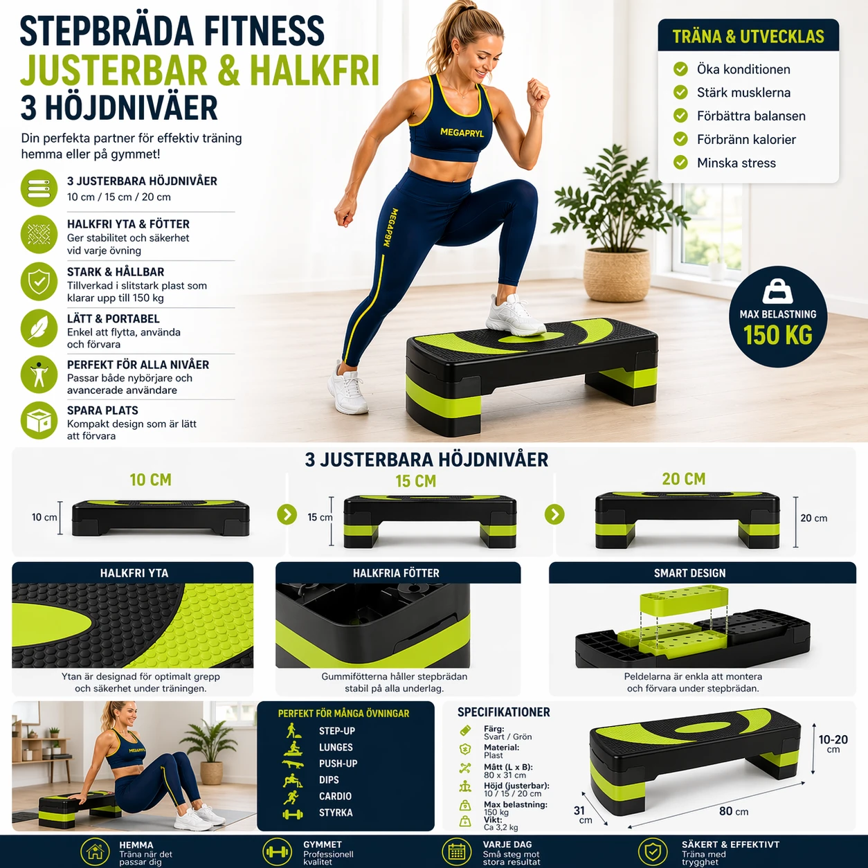 Stepbräda Fitness – Justerbar & Halkfri – 3 Höjdnivåer