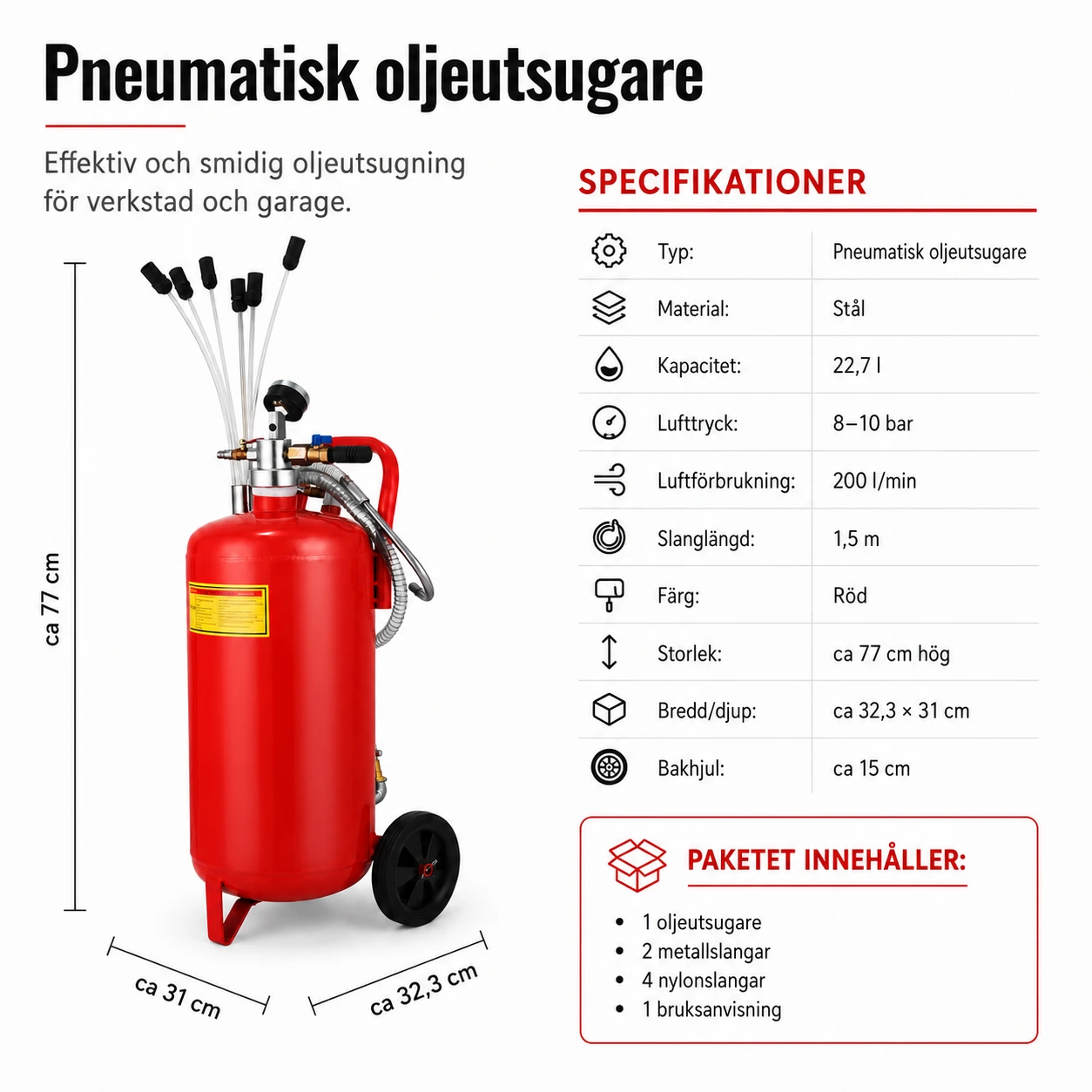 Pneumatisk oljeutsugare för fordon 22,7 l med manometer