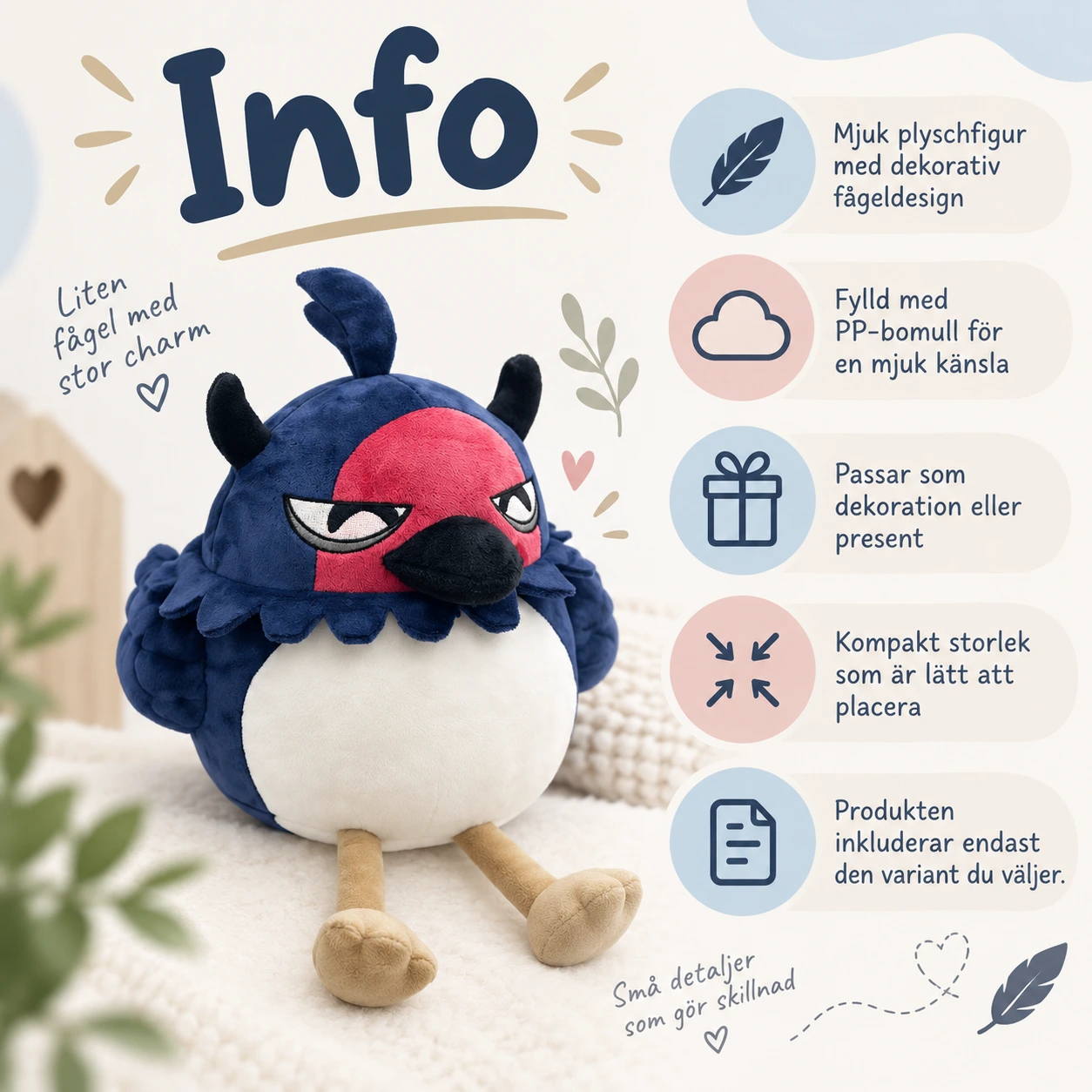 Blå och Röd Anti-Fågel Mjuk Plush Figurdocka