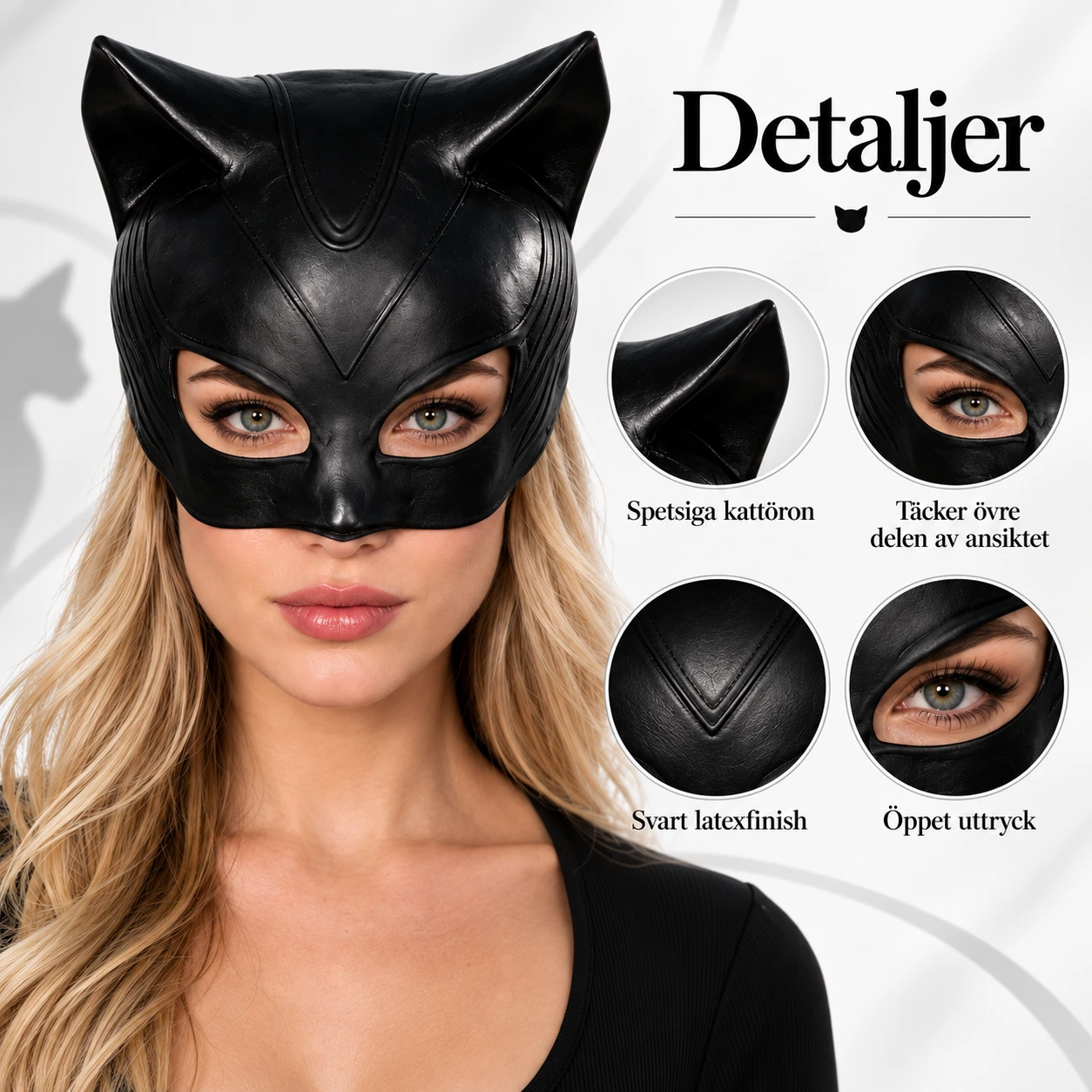 Halvmask katt i latex, svart