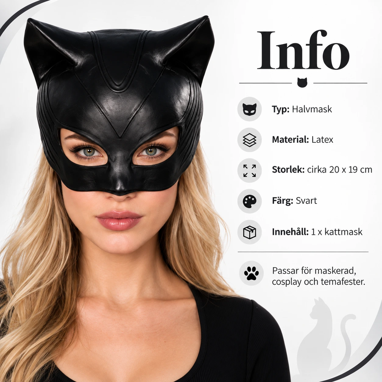Halvmask katt i latex, svart