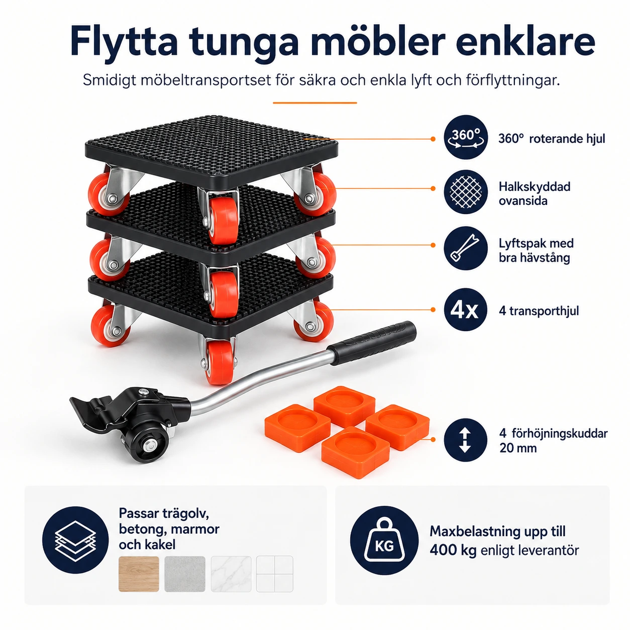Huonekalujen siirtäjä nostovivulla ja kuljetuspyörillä