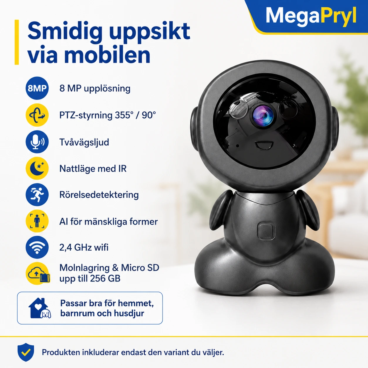 Wifi-valvontakamera sisäkäyttöön PTZ-toiminnolla ja kaksisuuntaisella äänellä