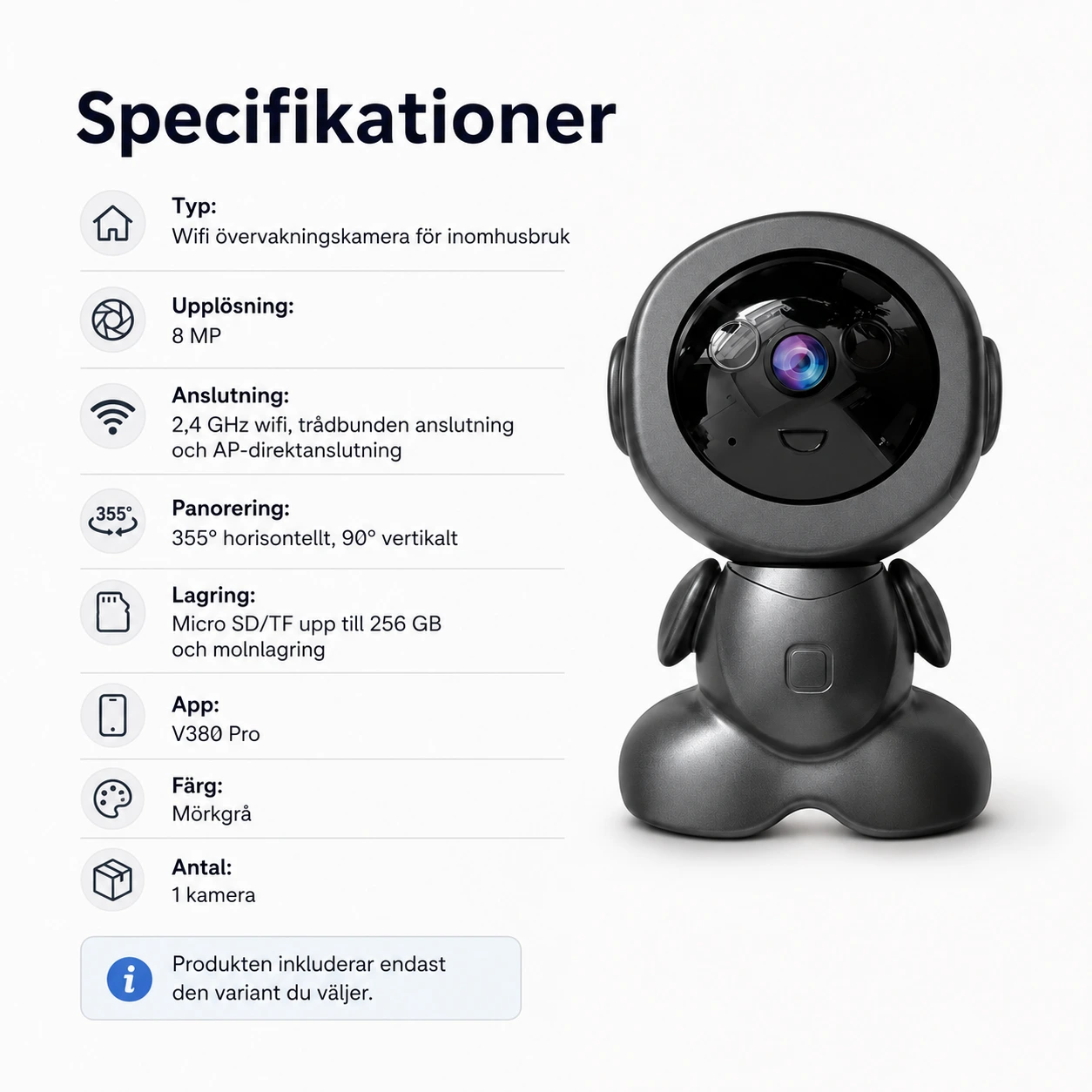 Wifi övervakningskamera inomhus med PTZ och tvåvägsljud