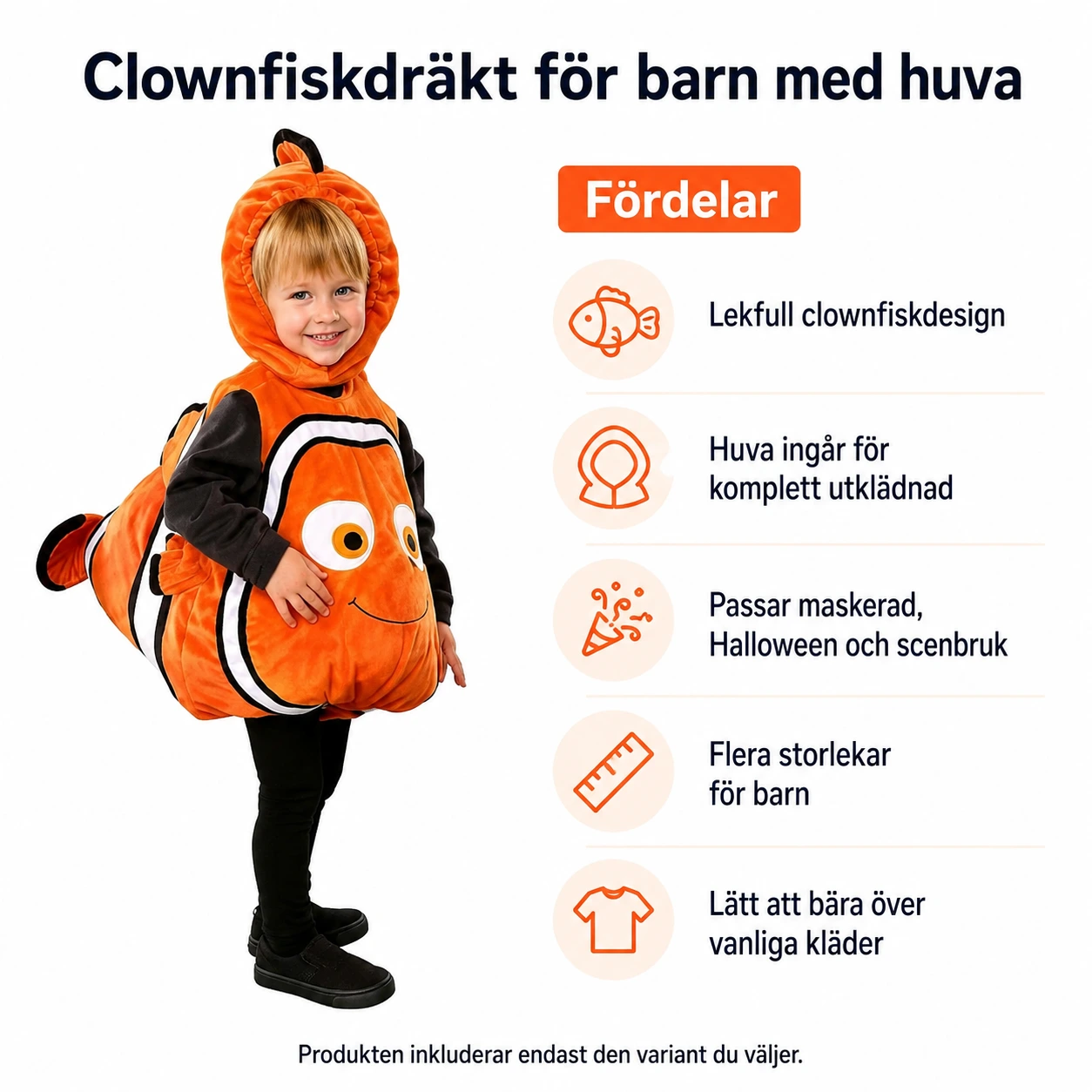 Clownfiskdräkt för barn med huva