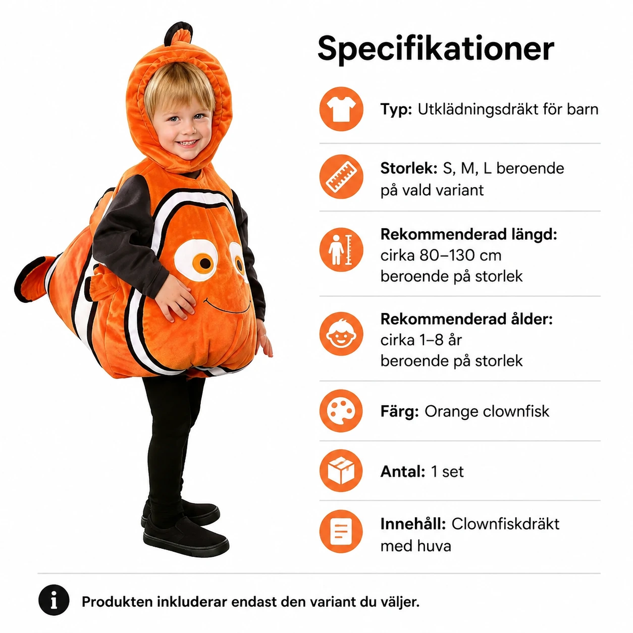 Clownfiskdräkt för barn med huva