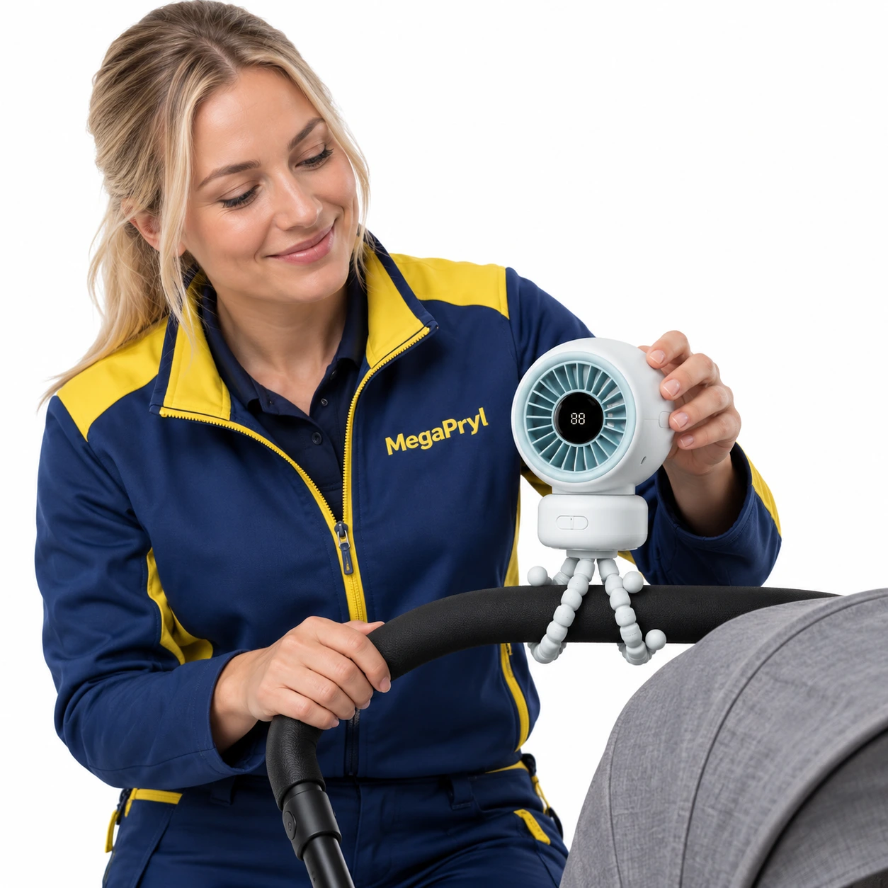 Barnvagnsfläkt med flexibel fot och digital display
