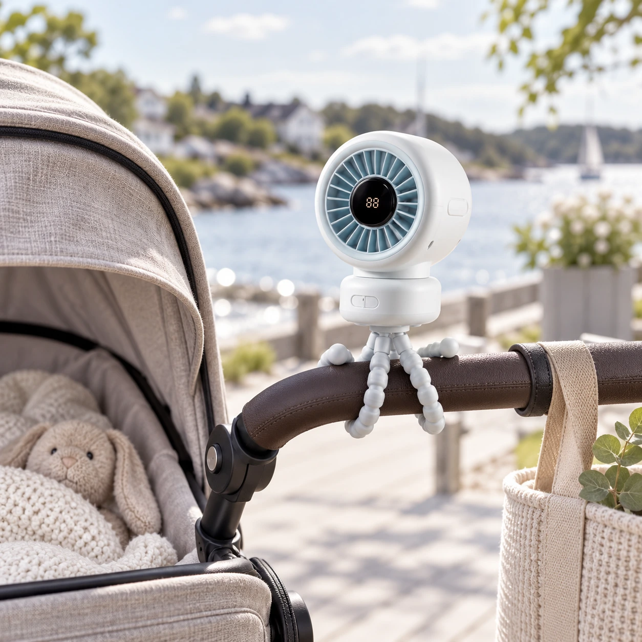 Barnvagnsfläkt med flexibel fot och digital display