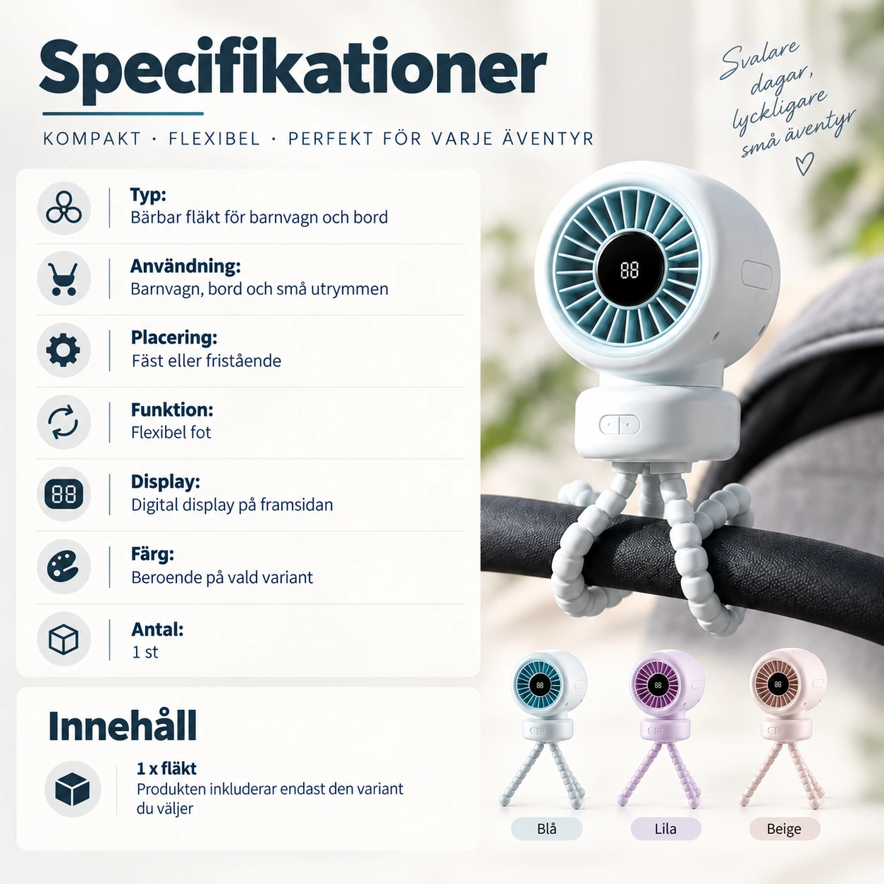 Barnvagnsfläkt med flexibel fot och digital display