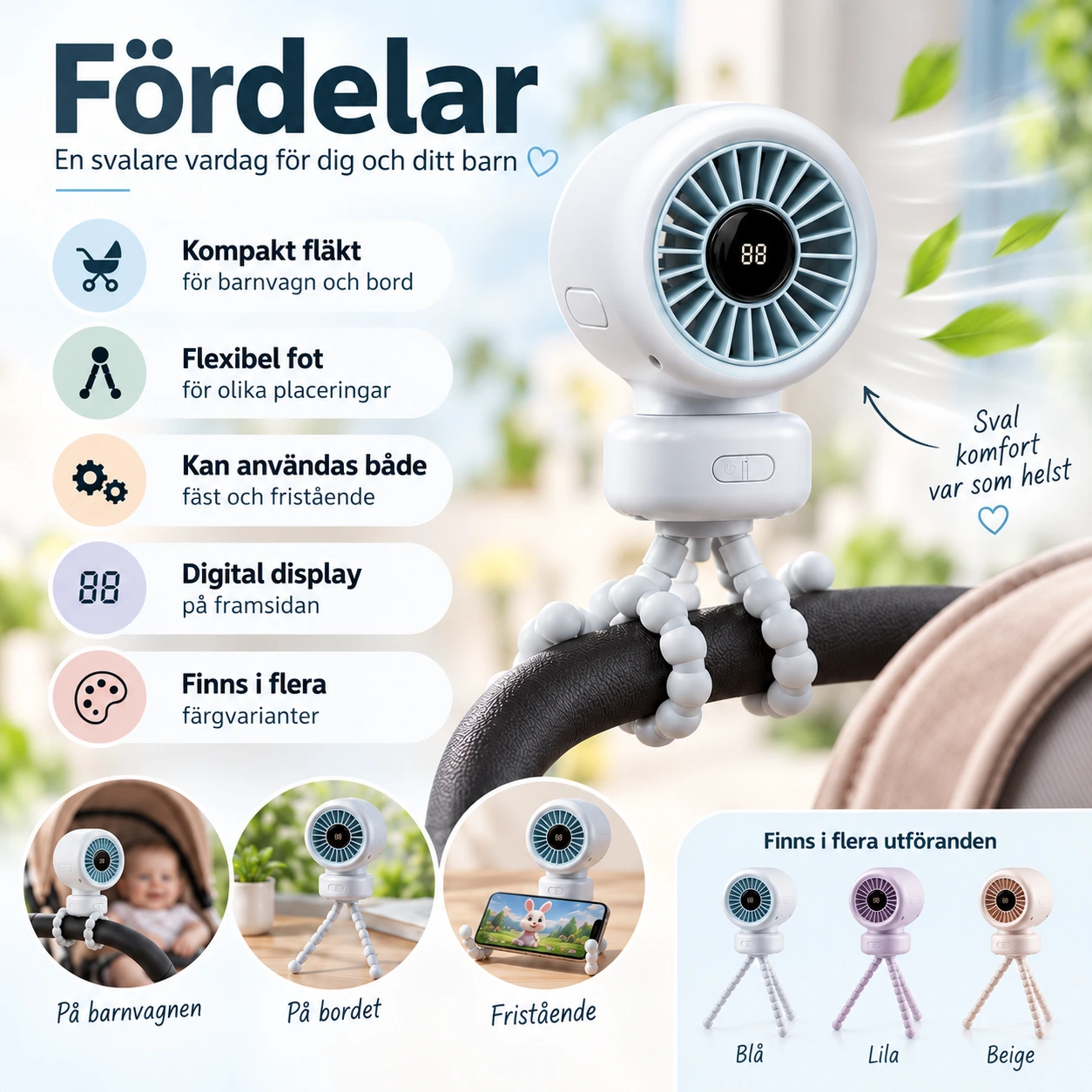 Barnvagnsfläkt med flexibel fot och digital display
