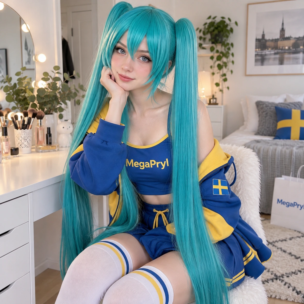 Turkos Lång Anime Cosplay Peruk