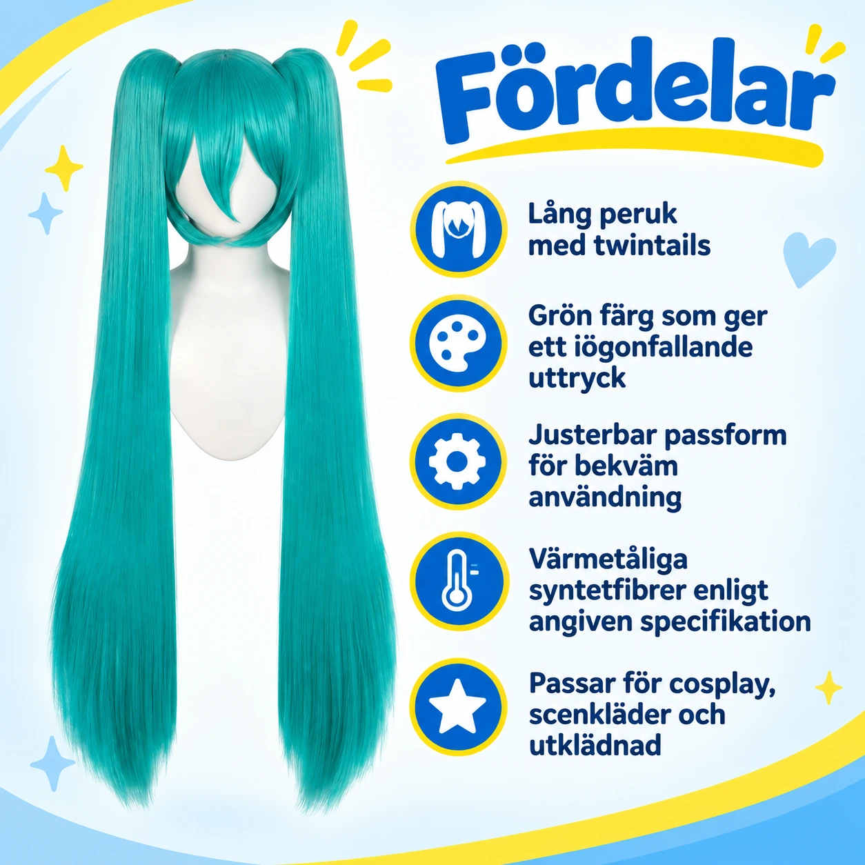 Turkos Lång Anime Cosplay Peruk