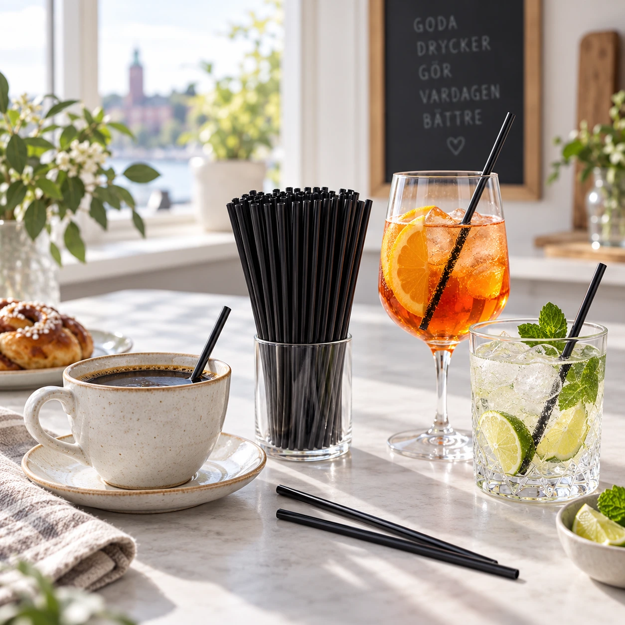 Drinkrör och omrörare för kaffe och cocktails, svart