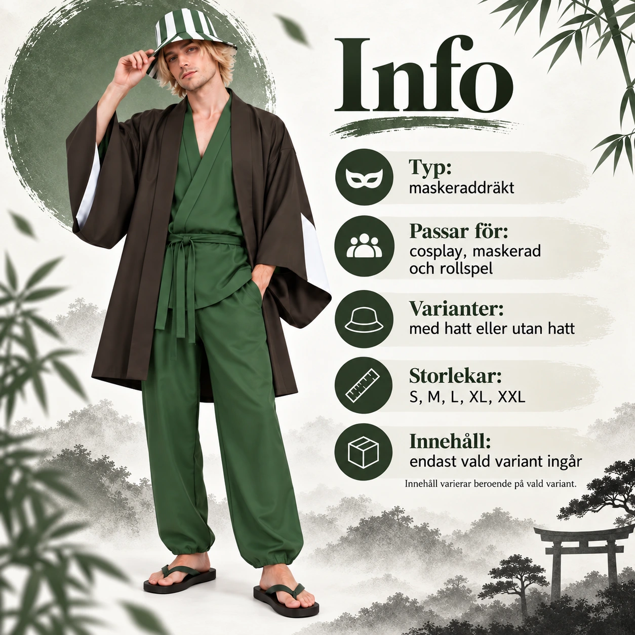 Grön och Mörkgrå Animedräkt med Randig Hatt och Midjeband