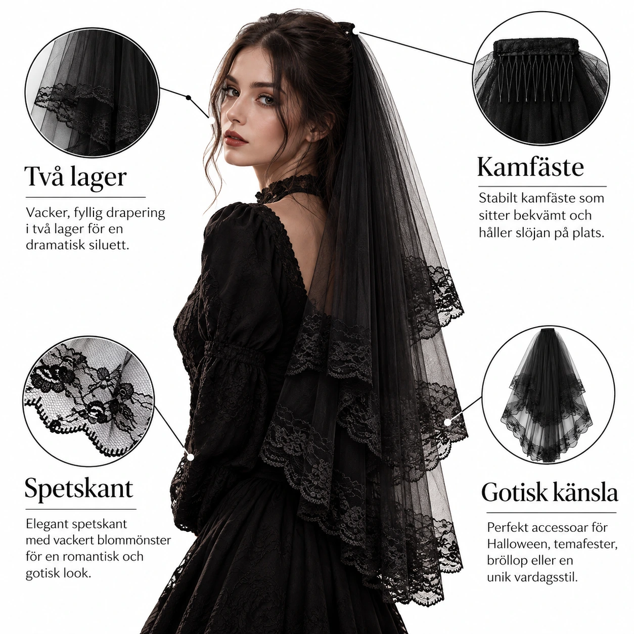 Svart gotisk slöja för halloween och maskerad
