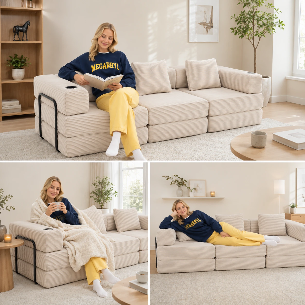 Modulsoffa 3-Sits Bäddsoffa med Mugghållare
