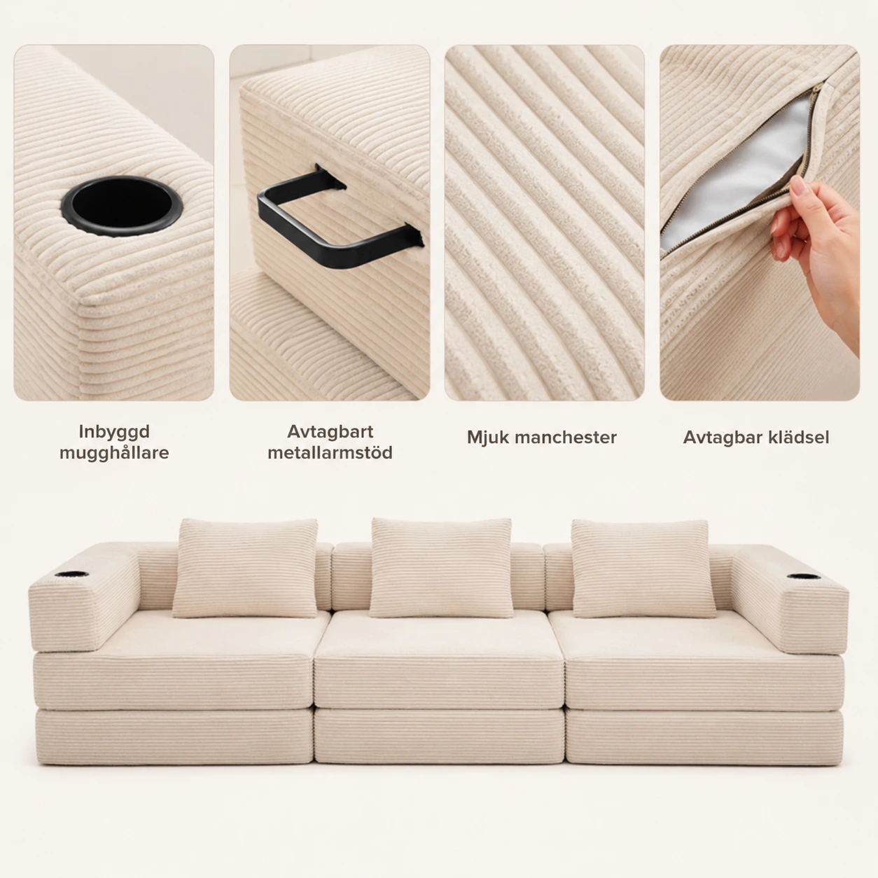 Modulsoffa 3-Sits Bäddsoffa med Mugghållare