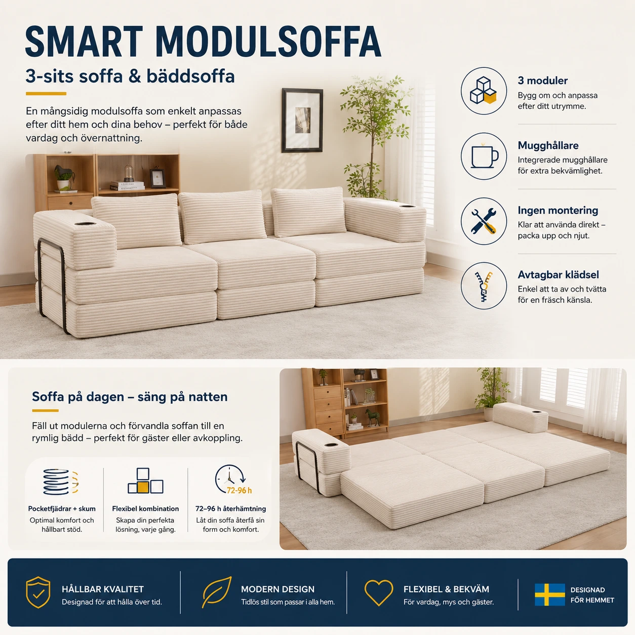 Modulsoffa 3-Sits Bäddsoffa med Mugghållare