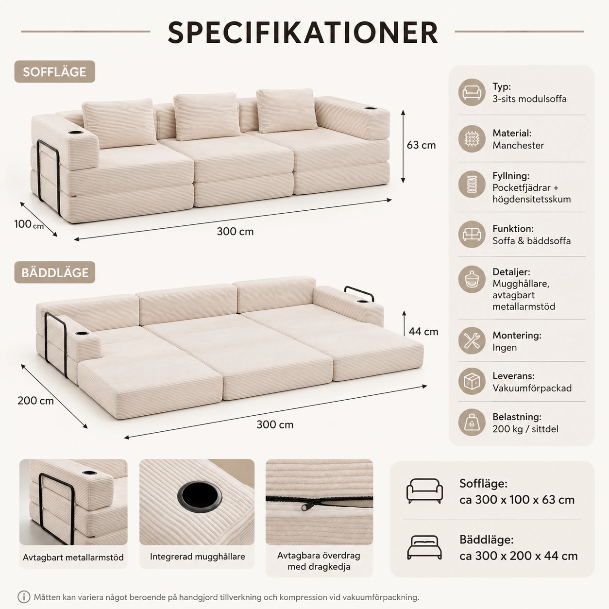 Modulsoffa 3-Sits Bäddsoffa med Mugghållare