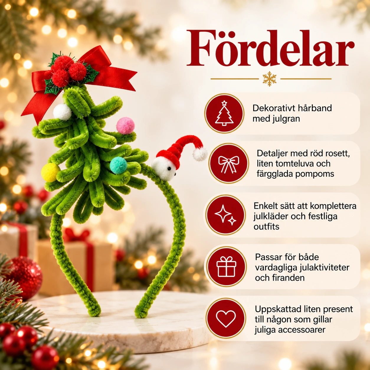 Julhårband med julgran och tomteluva