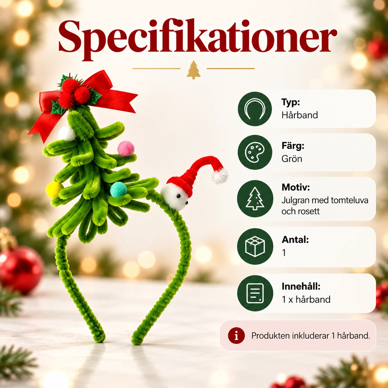 Julhårband med julgran och tomteluva