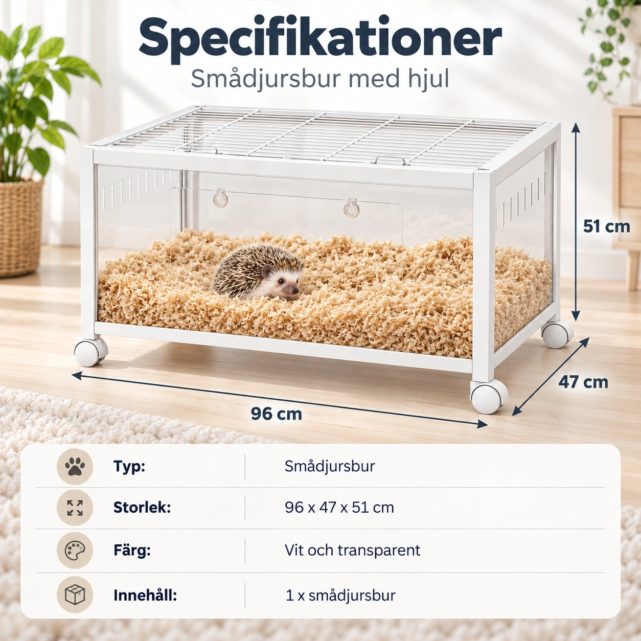 Smådjursbur med hjul 96 x 47 x 51 cm