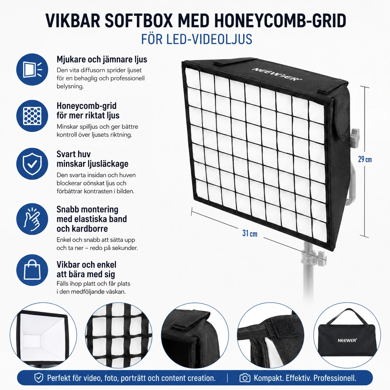 Softbox med grid för LED-videolampa 31 x 29 cm