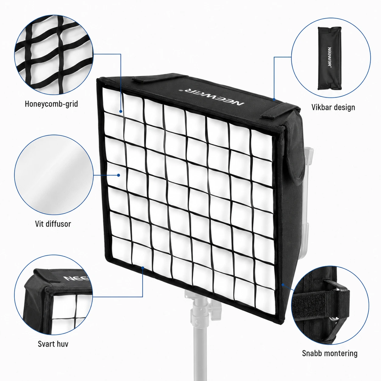 Softbox med grid för LED-videolampa 31 x 29 cm