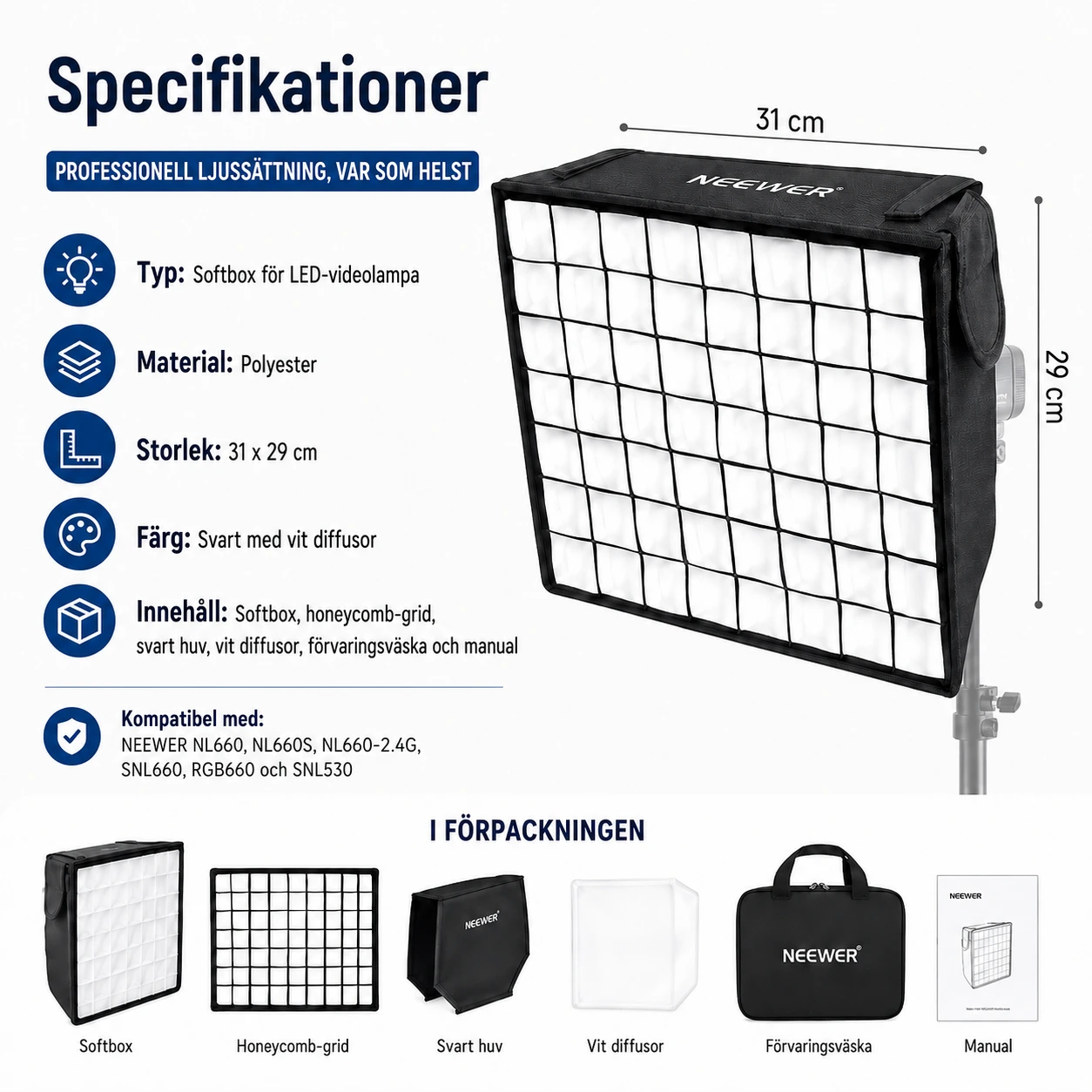 Softbox med grid för LED-videolampa 31 x 29 cm
