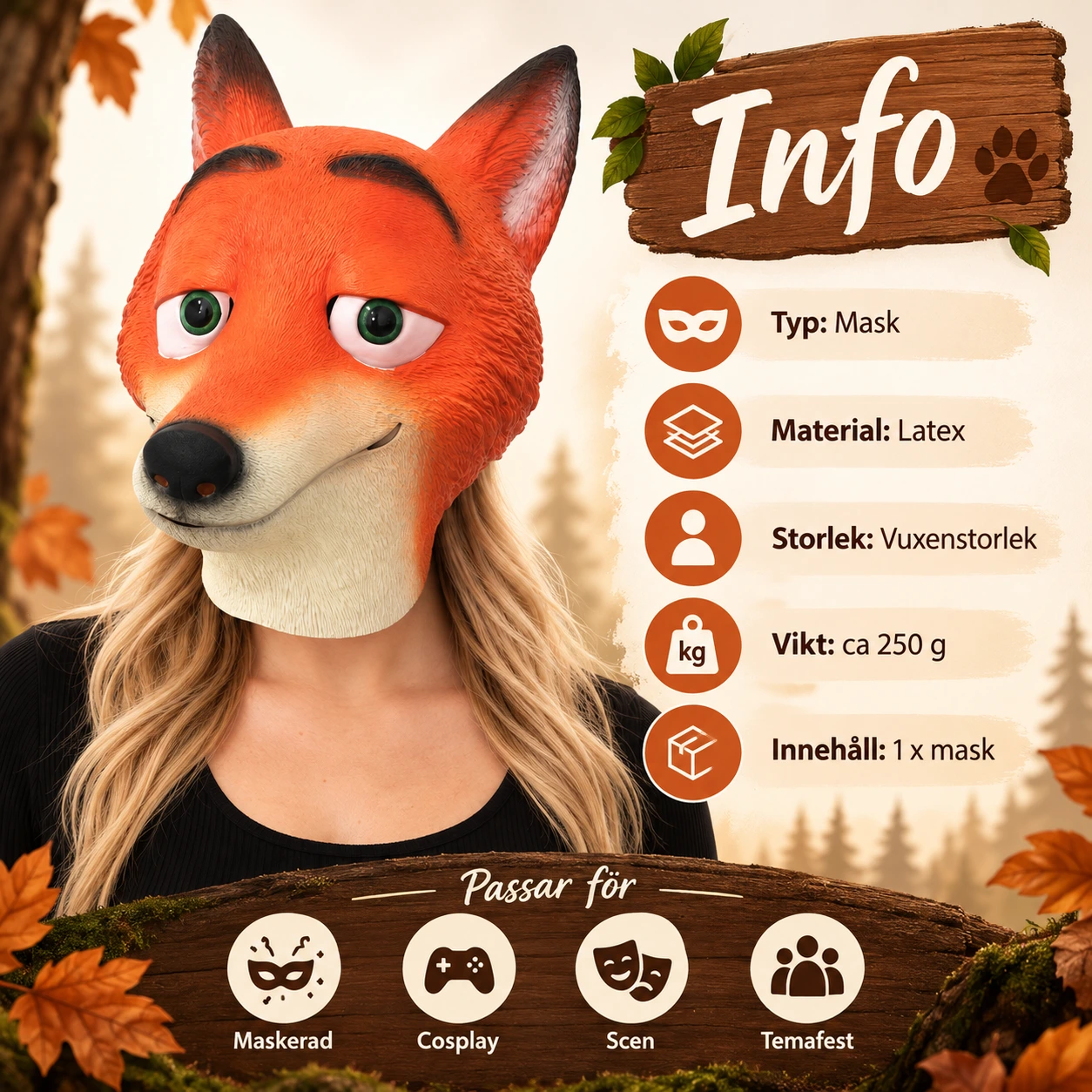 Mask räv i latex, vuxen