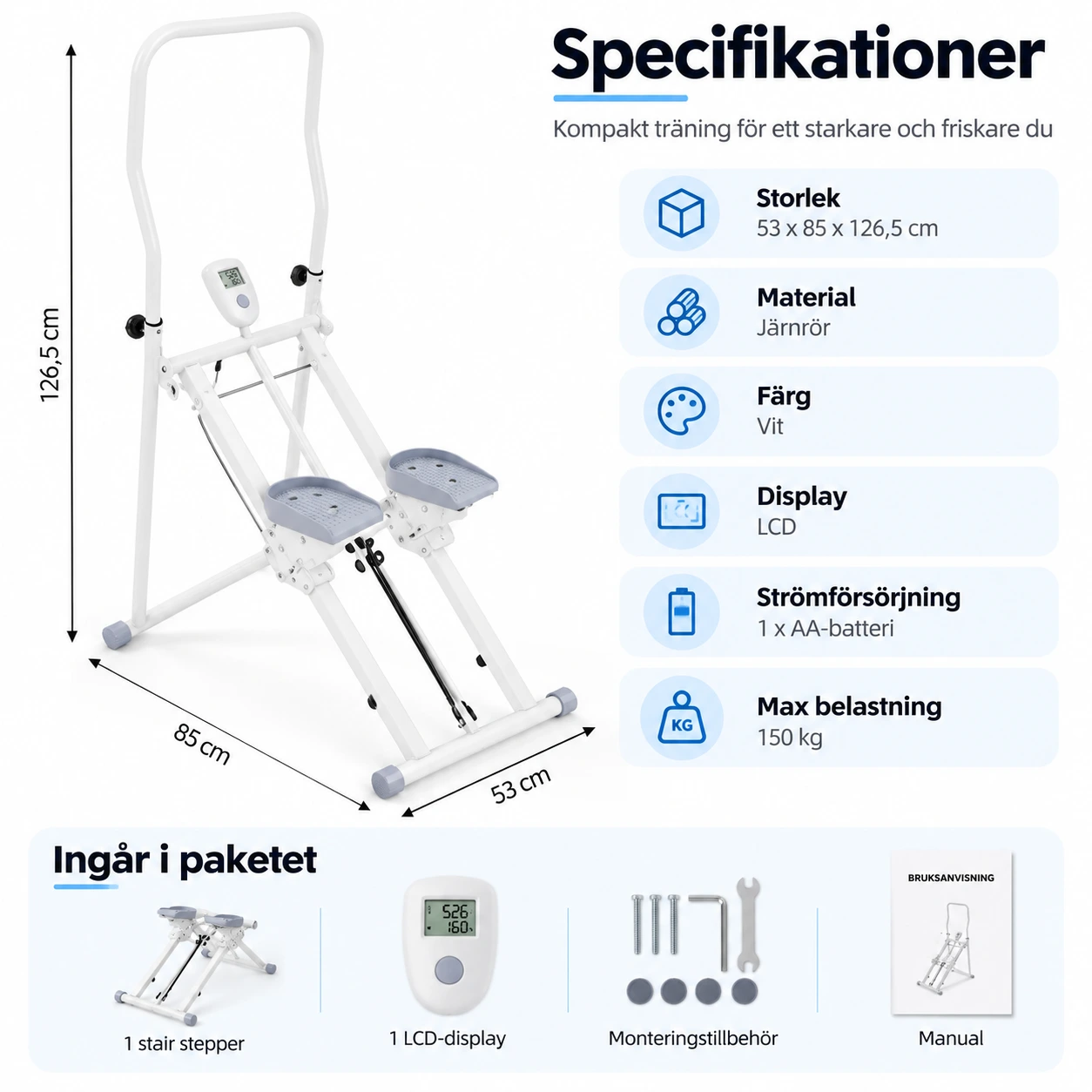 Hopfällbar stair stepper för hemmaträning med LCD-display