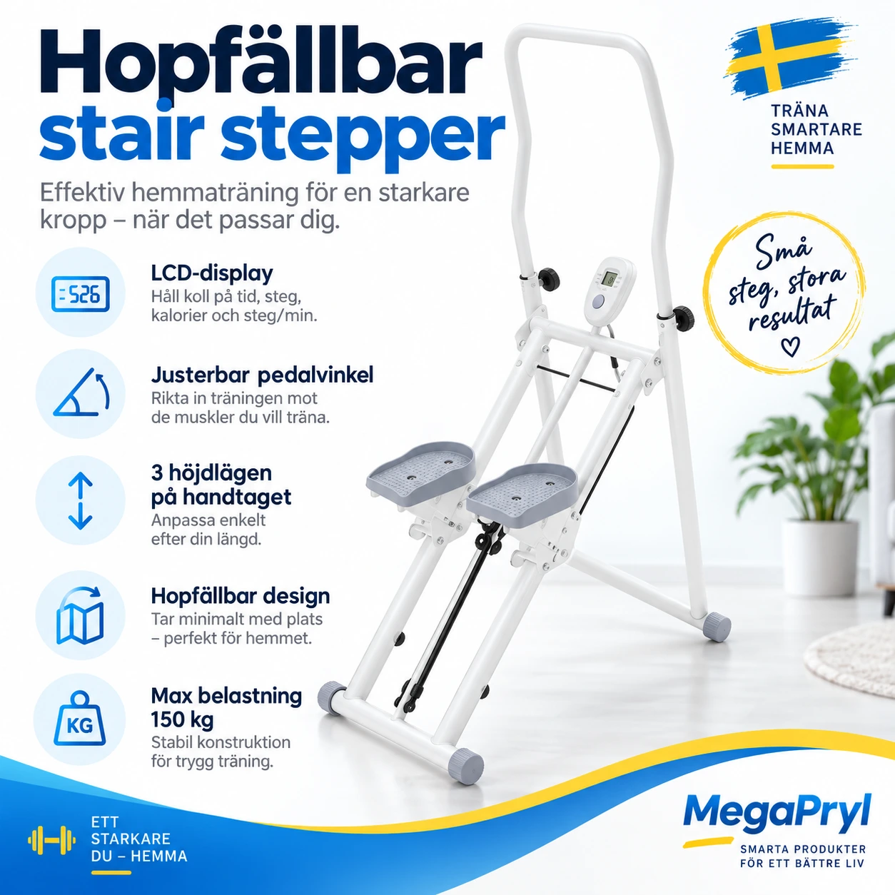 Hopfällbar stair stepper för hemmaträning med LCD-display