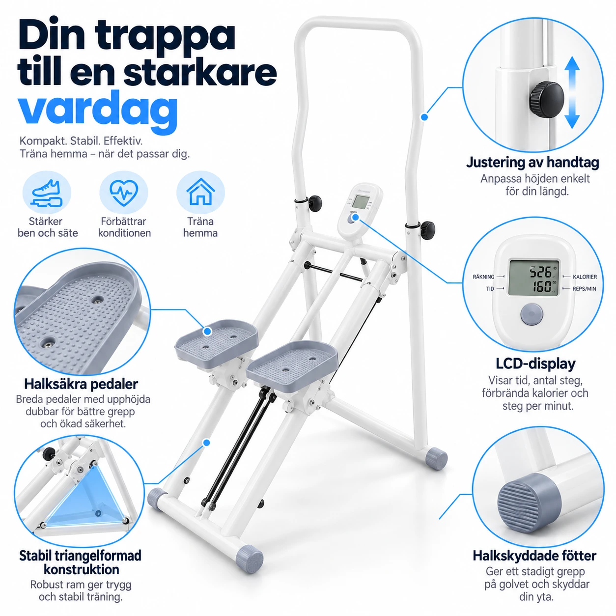 Hopfällbar stair stepper för hemmaträning med LCD-display