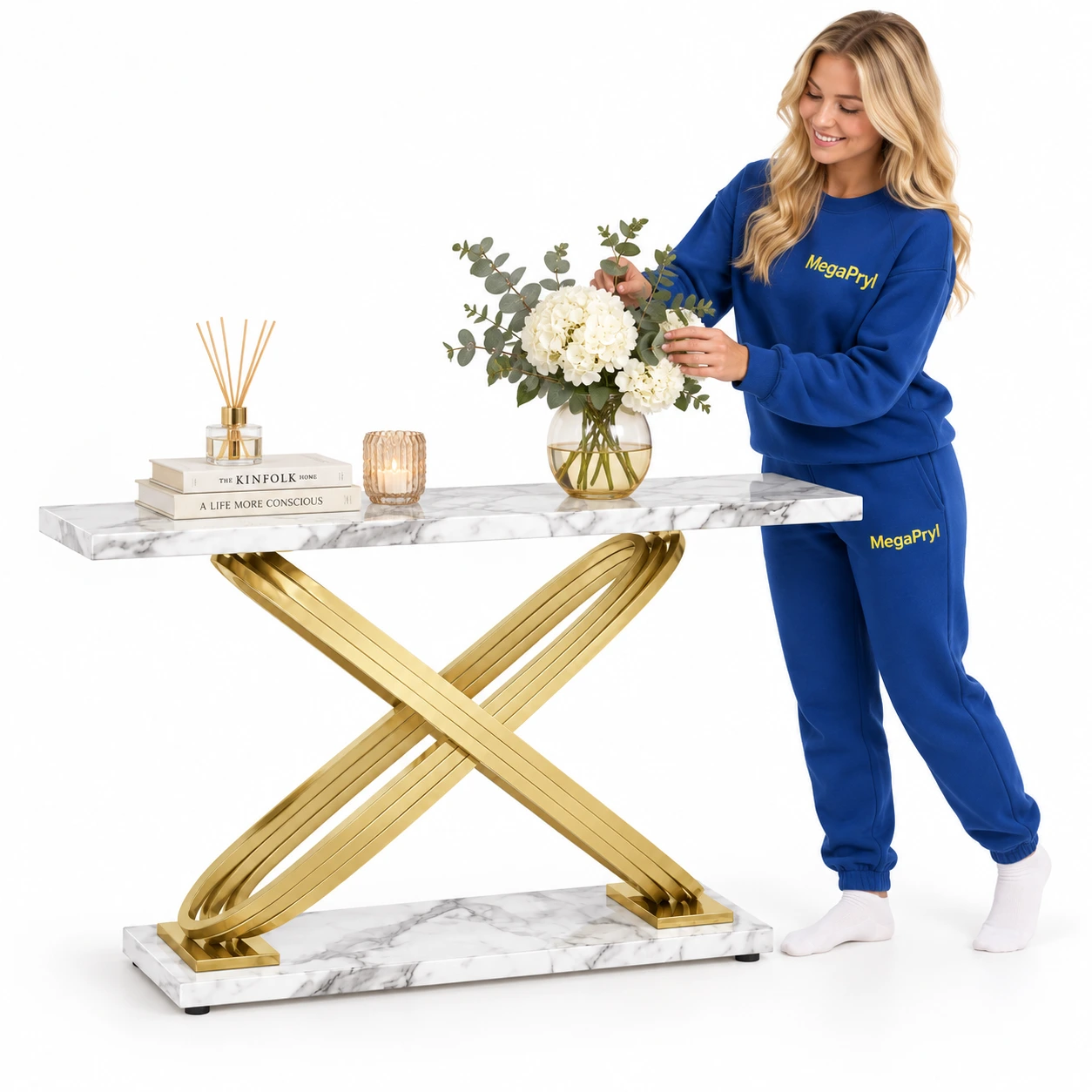 Konsolipöytä marmorikuviolla ja kullanvärisellä X-jalustalla