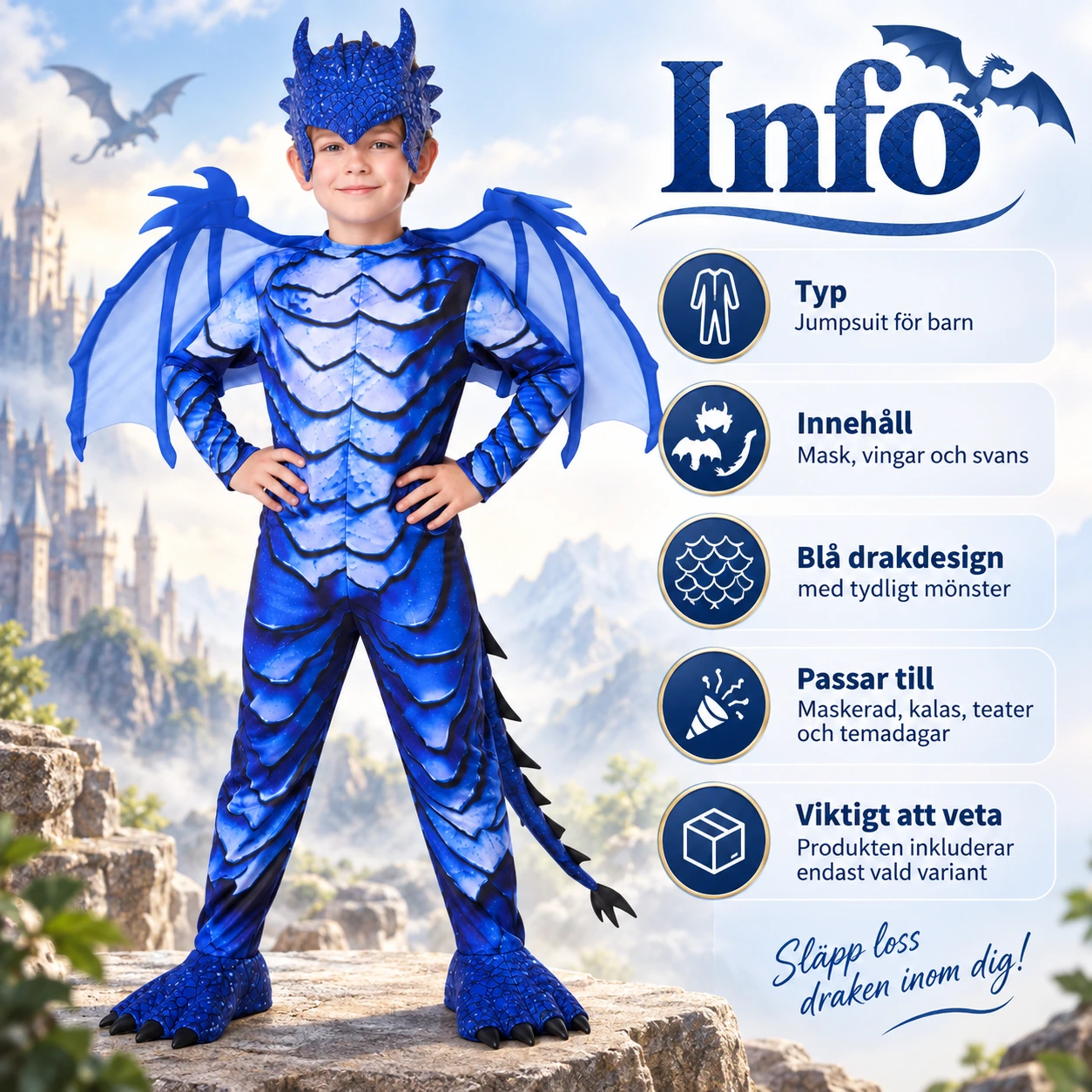 Lasten sininen lohikäärmeasu naamiolla, siivillä ja hännällä