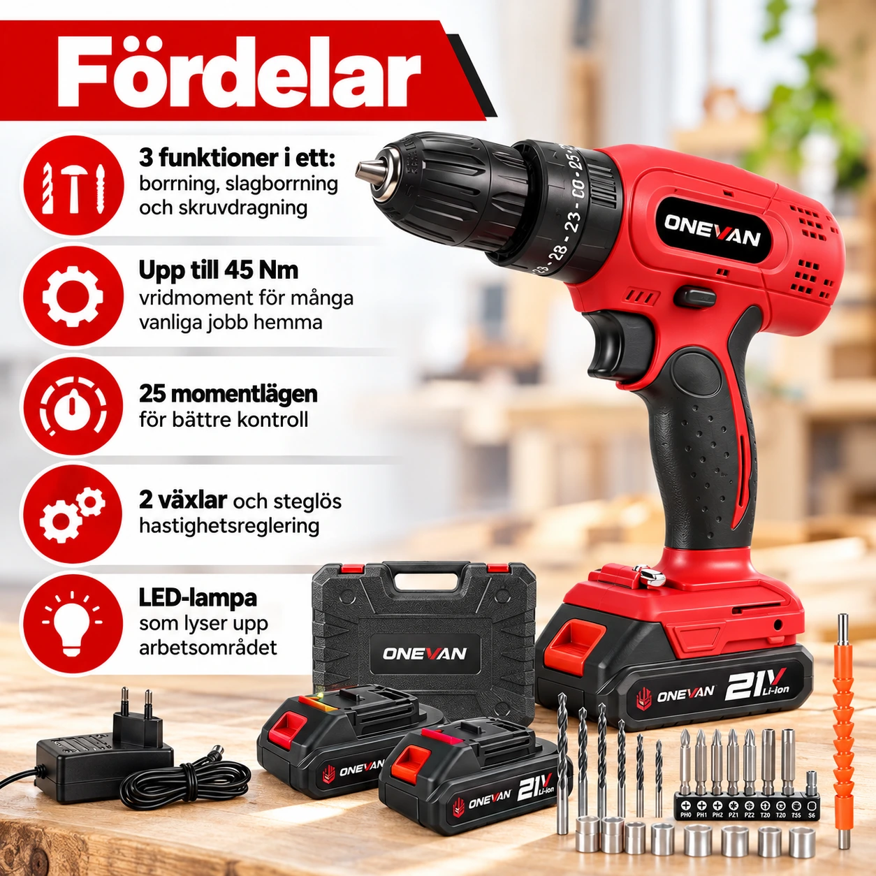Batteridriven slagborrmaskin med 2 batterier och 34 delar