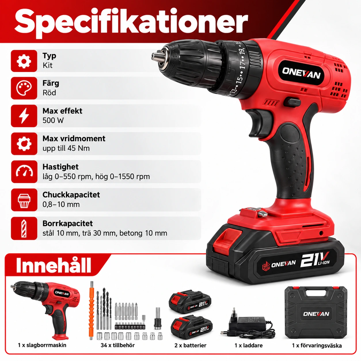 Batteridriven slagborrmaskin med 2 batterier och 34 delar