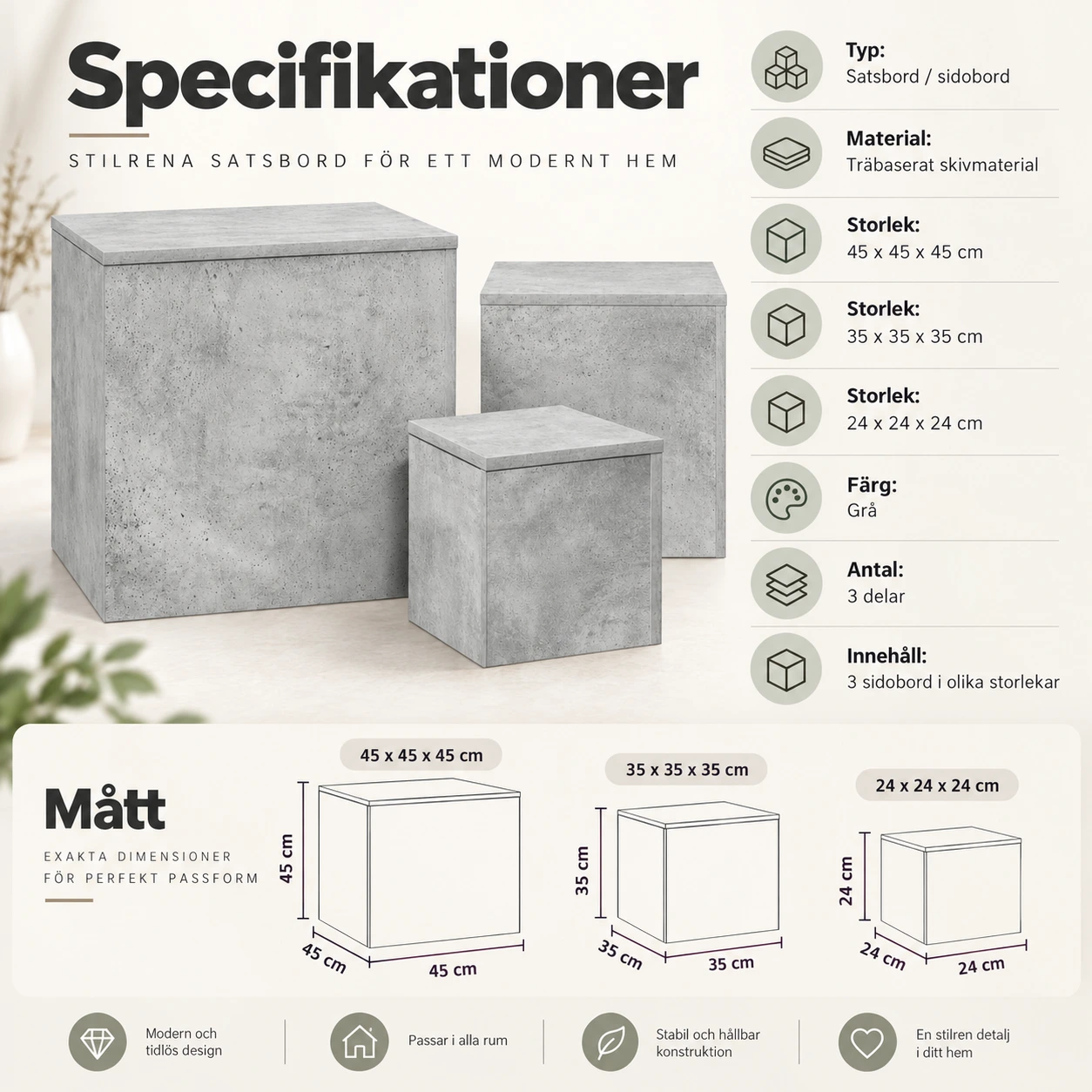Harmaat sarjapöydät olohuoneeseen ja makuuhuoneeseen, 3 osaa