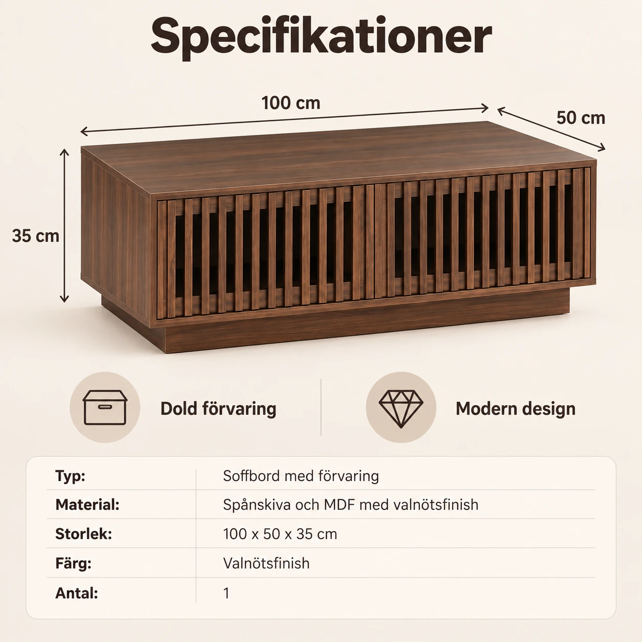 Soffbord med förvaring 100x50x35 cm i valnötsfinish