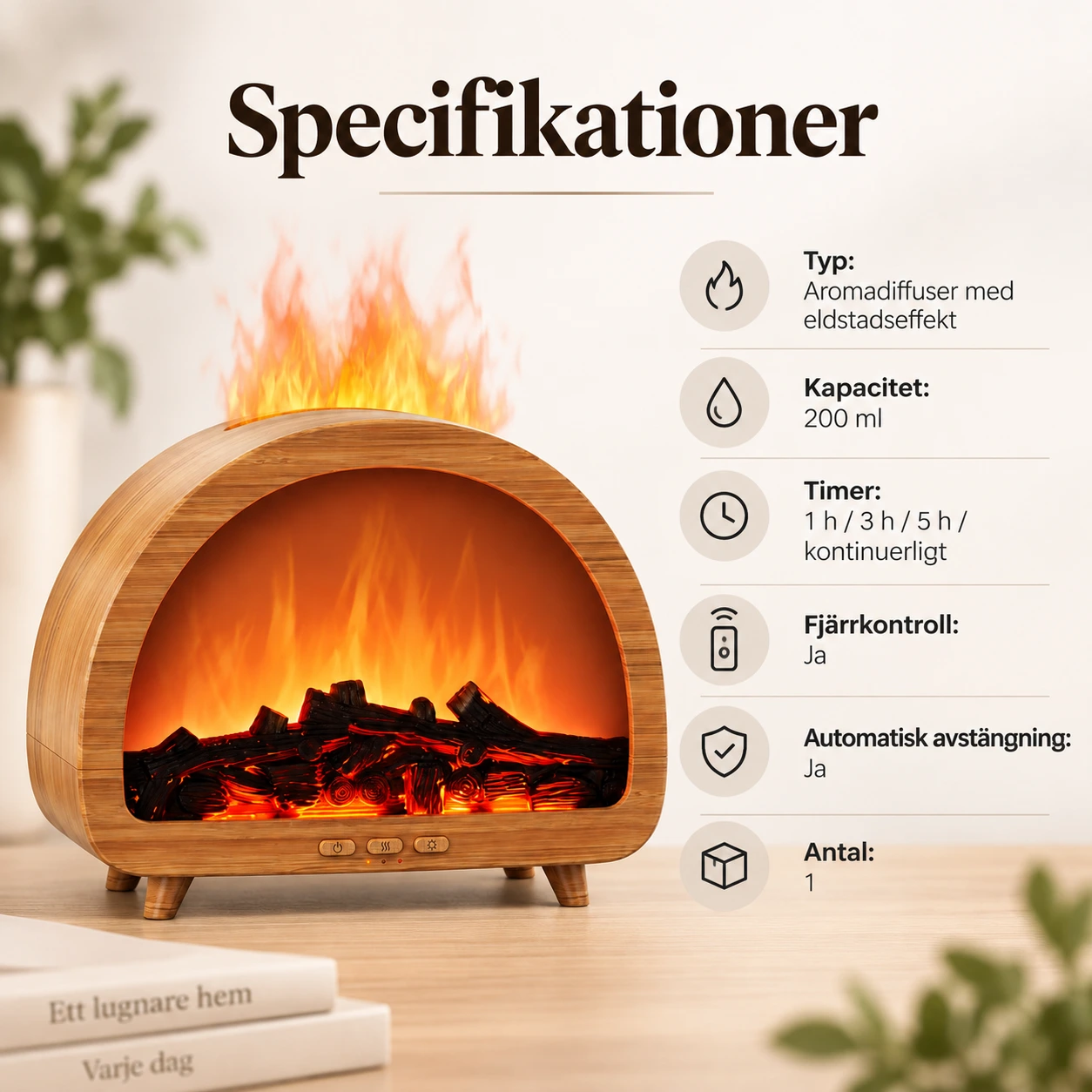 Aromadiffuusori takkaefektillä ja kaukosäätimellä, 200 ml