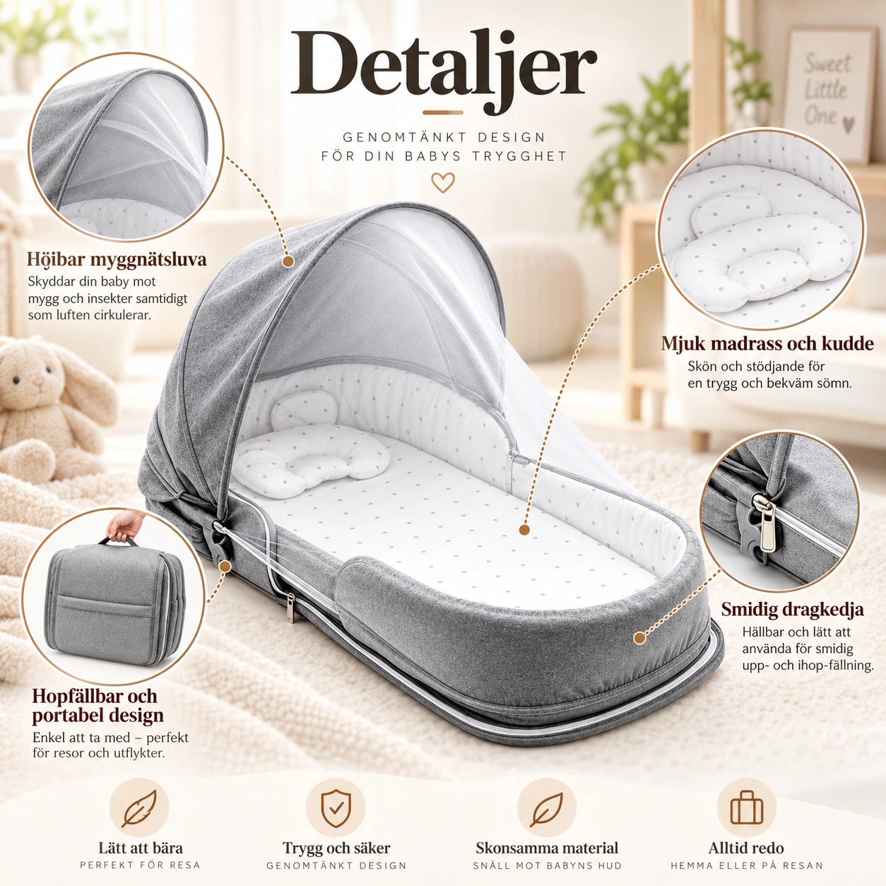 Portabel babynest för resa med myggnät