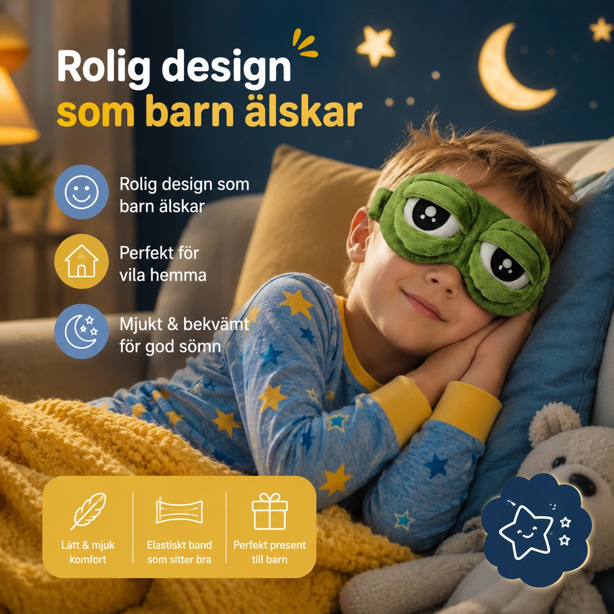 Groda Sovmask i Plysch med Roliga Ögon