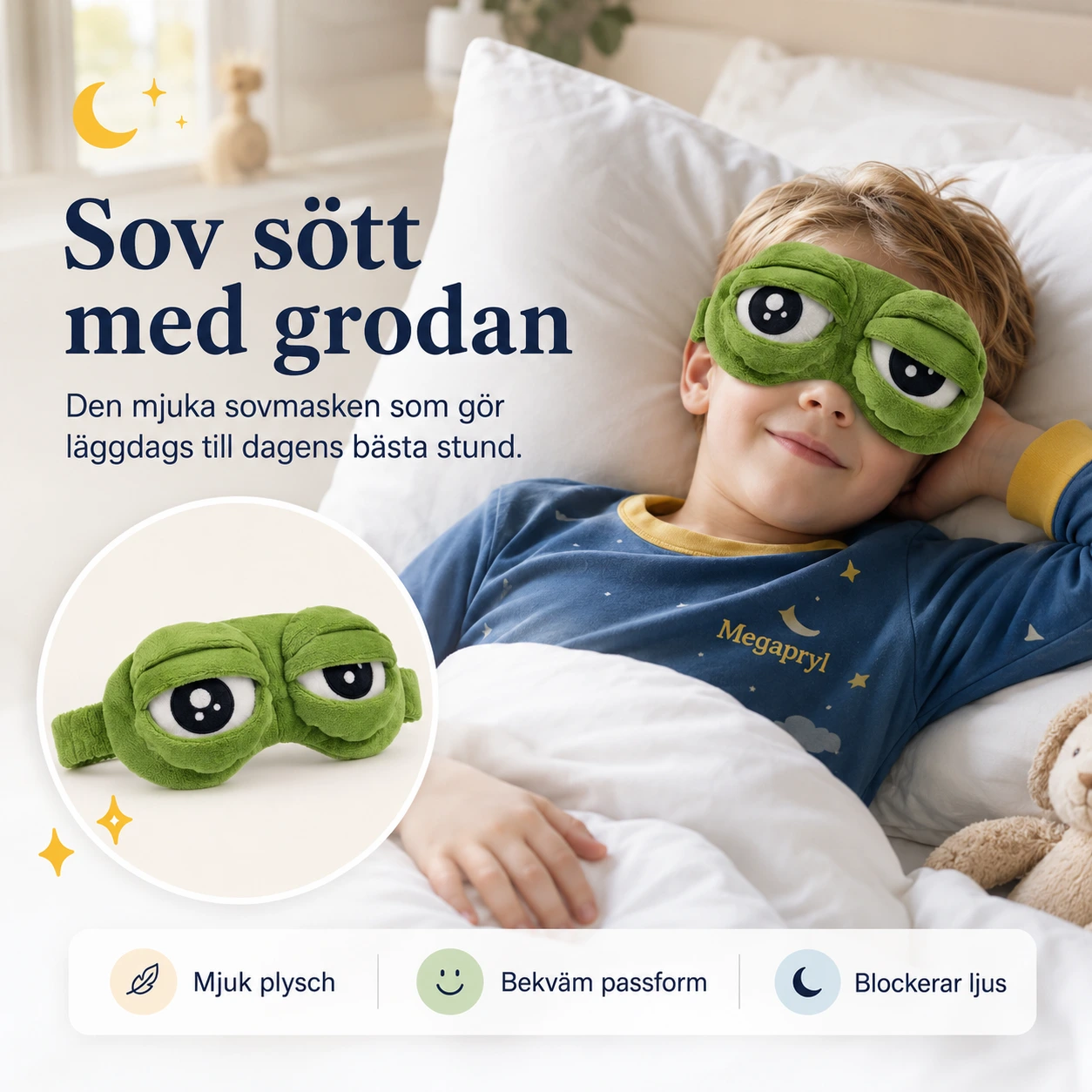 Groda Sovmask i Plysch med Roliga Ögon