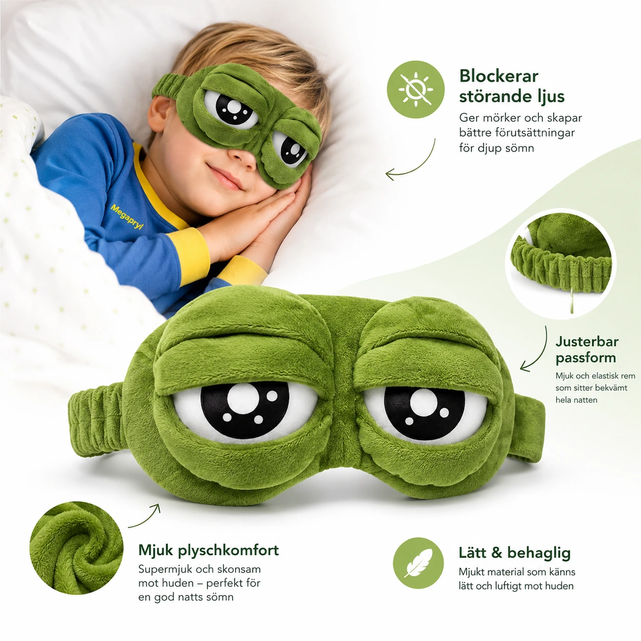 Groda Sovmask i Plysch med Roliga Ögon