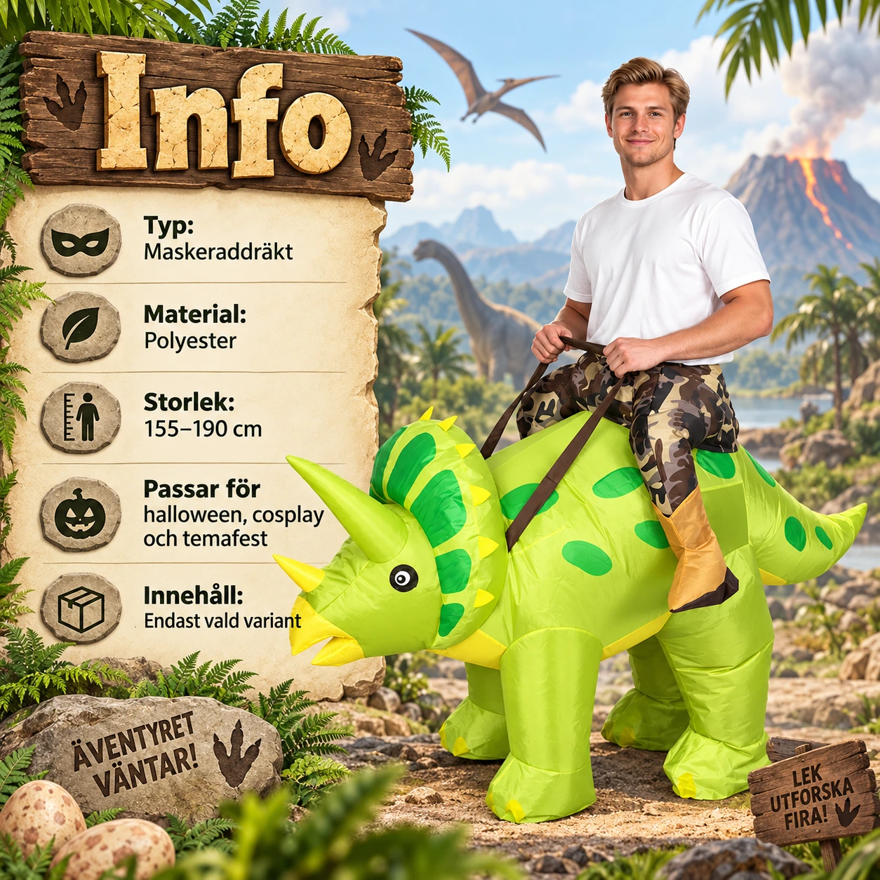 Uppblåsbar Grön Triceratops Riddarkostym för Vuxna