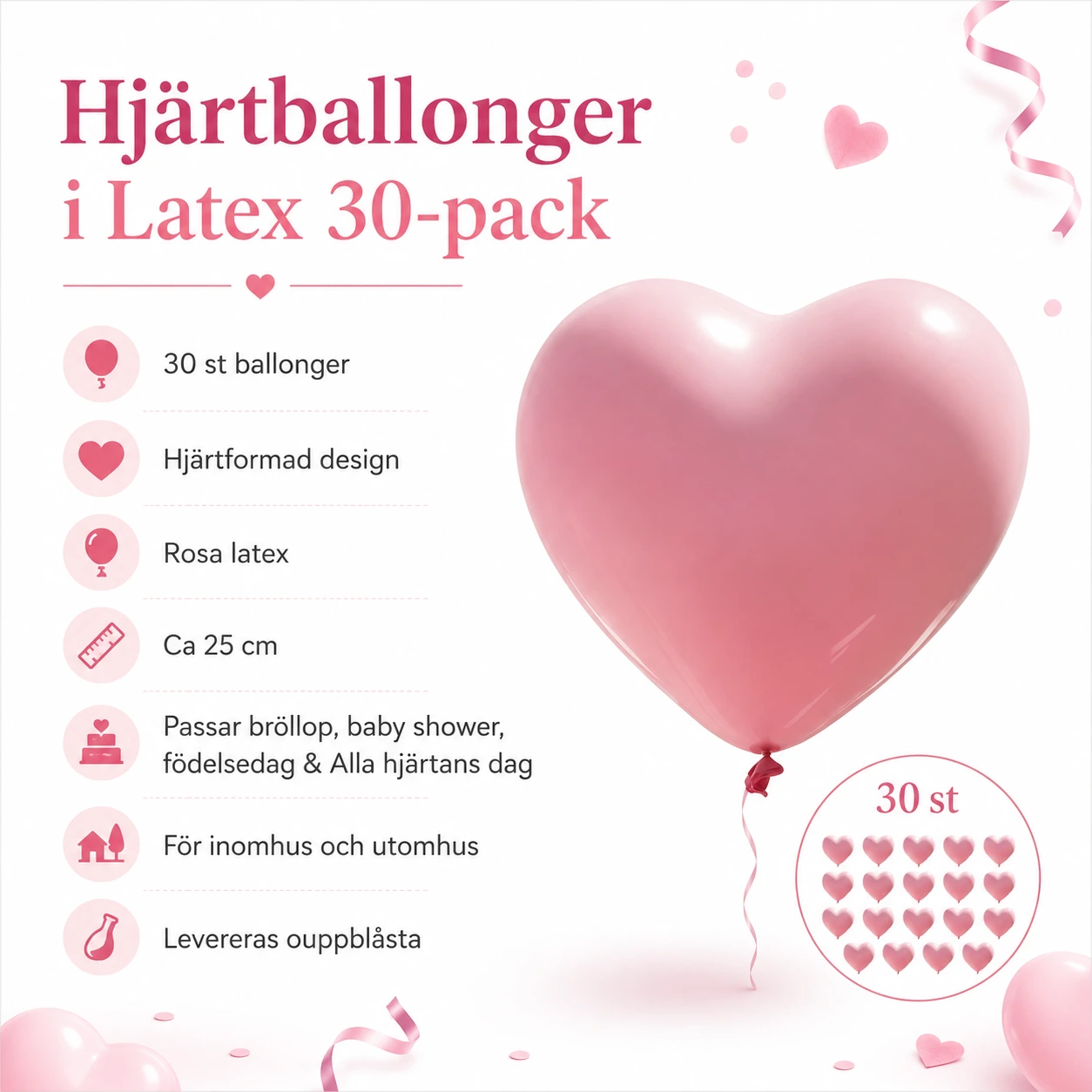 Hjärtballonger i Latex 30-pack – Rosa Festballonger