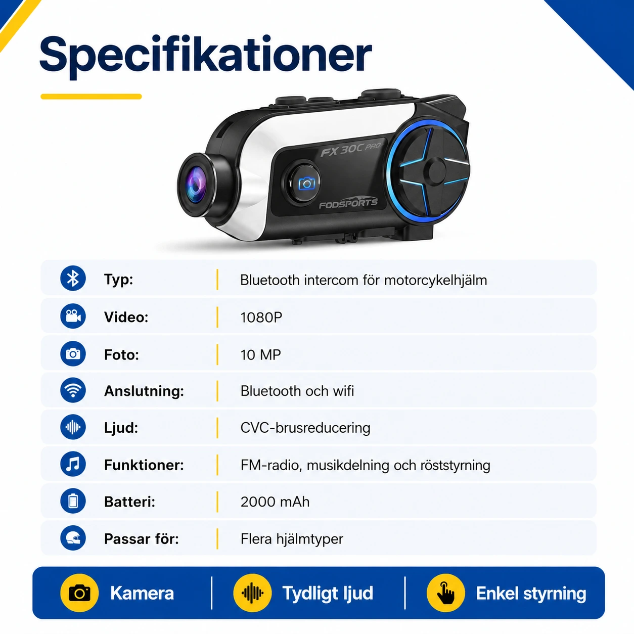 Bluetooth intercom för motorcykelhjälm med kamera och wifi