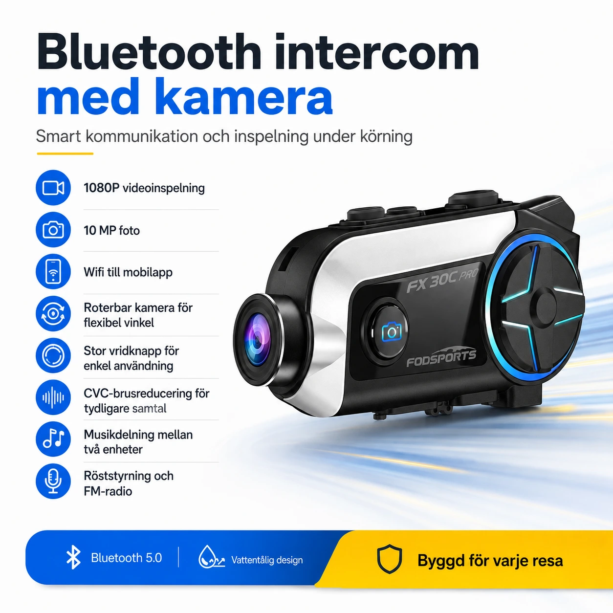 Bluetooth intercom för motorcykelhjälm med kamera och wifi
