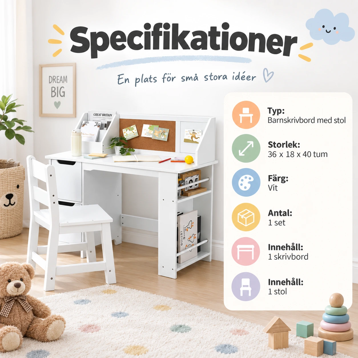 Barnskrivbord med hylla, stol och korktavla, vit